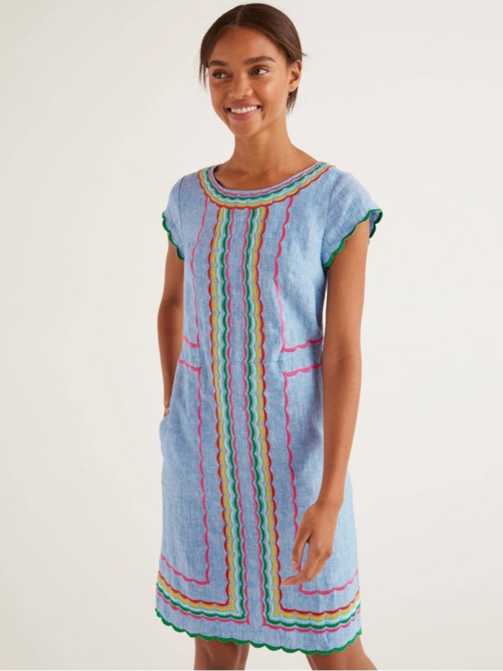 Boden Size 4P Laura Linen Embroidered Shift Dress in Light Chambray